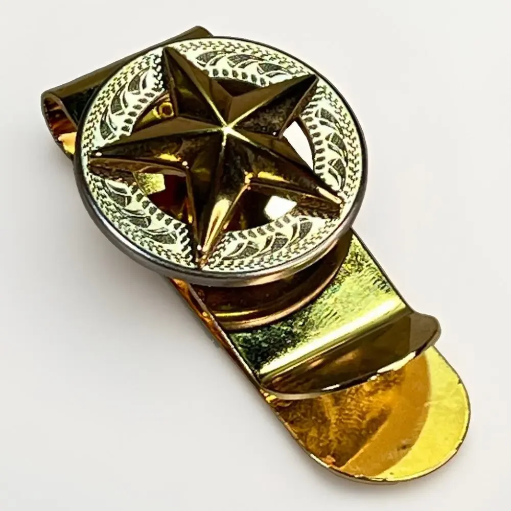 Texas Lone Star Gold Tone Money Clip Western Engraved Round Medallion